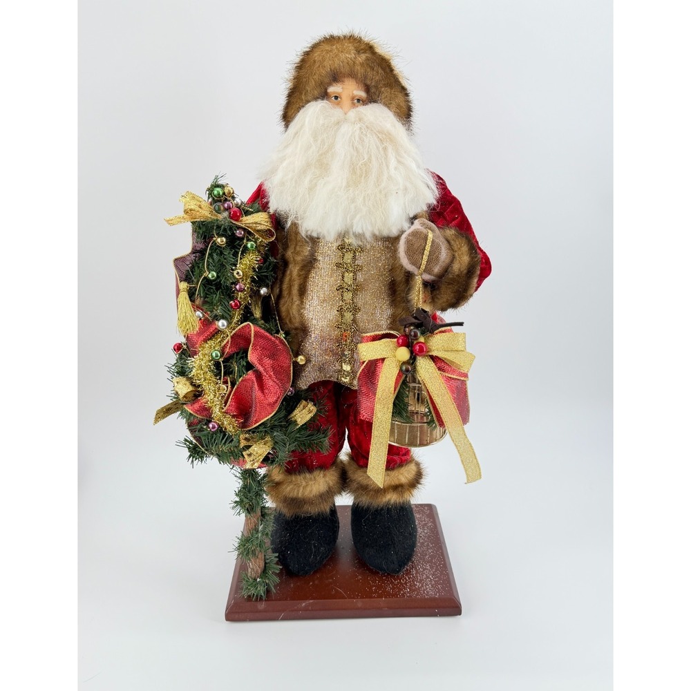 Vintage Style Old World Santa Claus 18.5" Tall Red and Gold Coat on Wood Stand